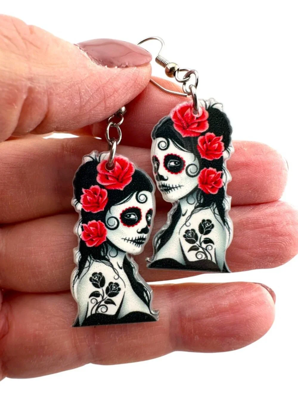 Day of the Dead Earrings Sugar Skull Red Rose Goth Dangle Handmade 2.25